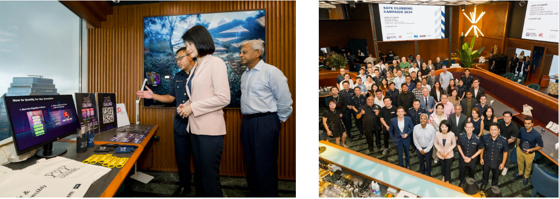 Left photo: A woman in a pink blazer and two male officials in uniforms viewing a display table with campaign materials and a monitor. Right photo: A large group of attendees and officials posing together at the Safe Clubbing Campaign 2024 event.